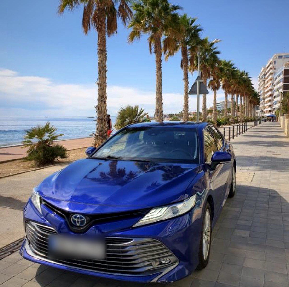 Toyota Camry azul de SYV Transfers aparcado en un paseo marítimo con palmeras